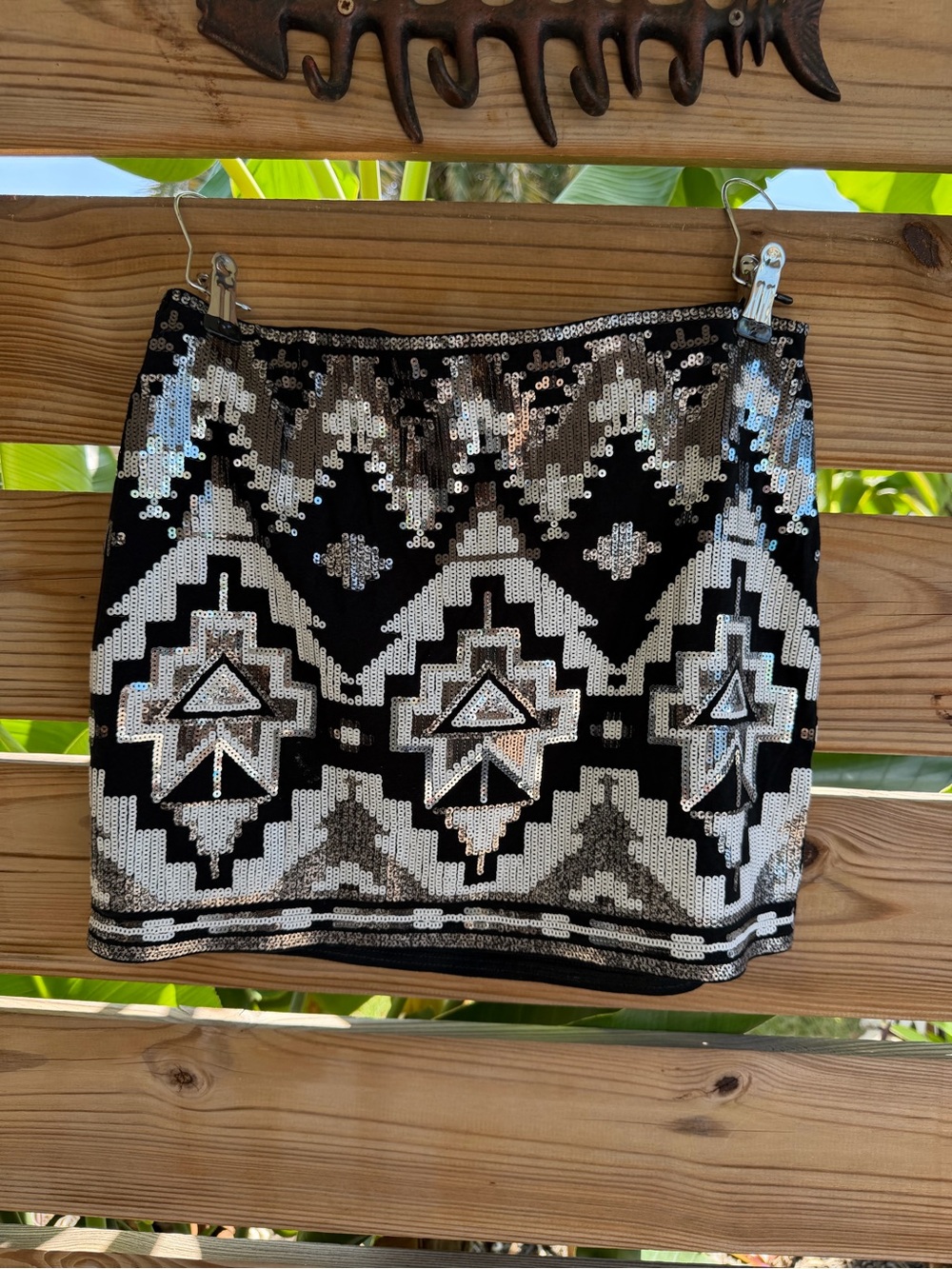 Express Black & Silver Sequin Aztec Mini Skirt